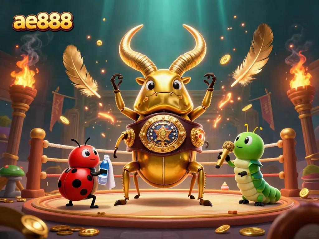 Engage in thrilling gameplay with ae888 in a vibrant 3D casino scene featuring a champion beetle and lively atmosphere.
