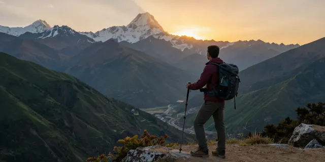 Viajero en el Manaslu Circuit Trek disfrutando de vistas espectaculares al atardecer.