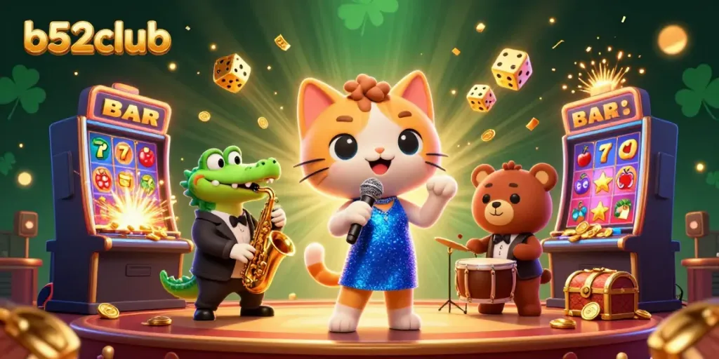 Engage with the b52club world through a vibrant casino scene featuring cartoon characters and dynamic game elements.