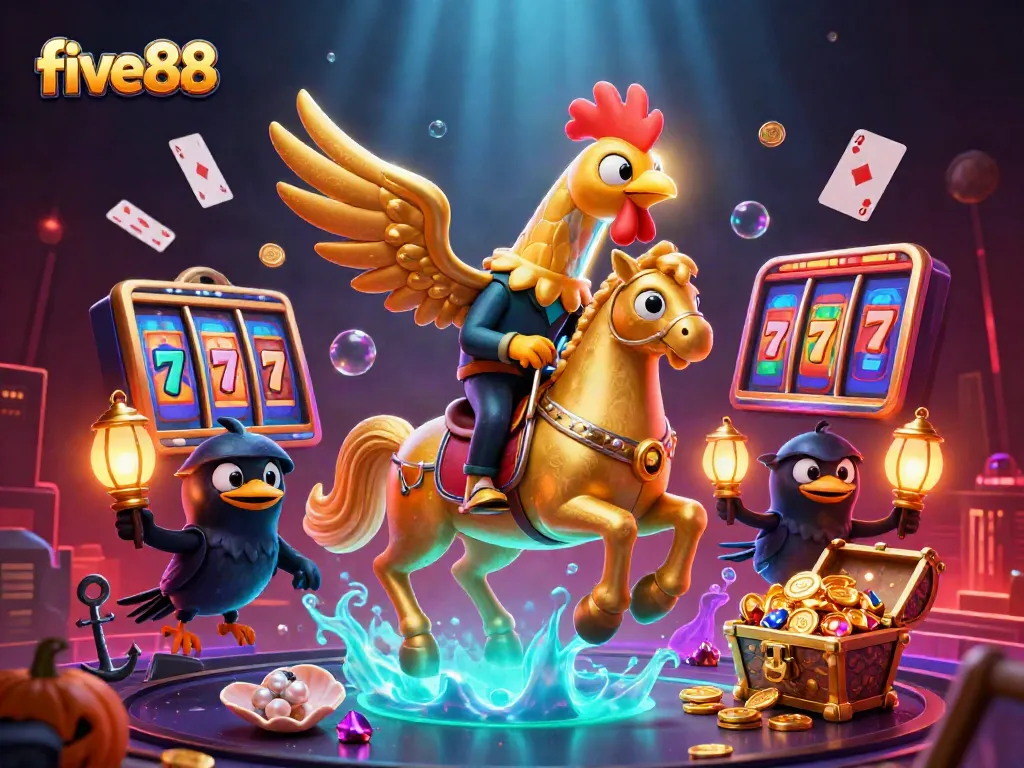 Experience excitement with five88 in a dynamic casino scene featuring a mystical rooster and vibrant game elements.