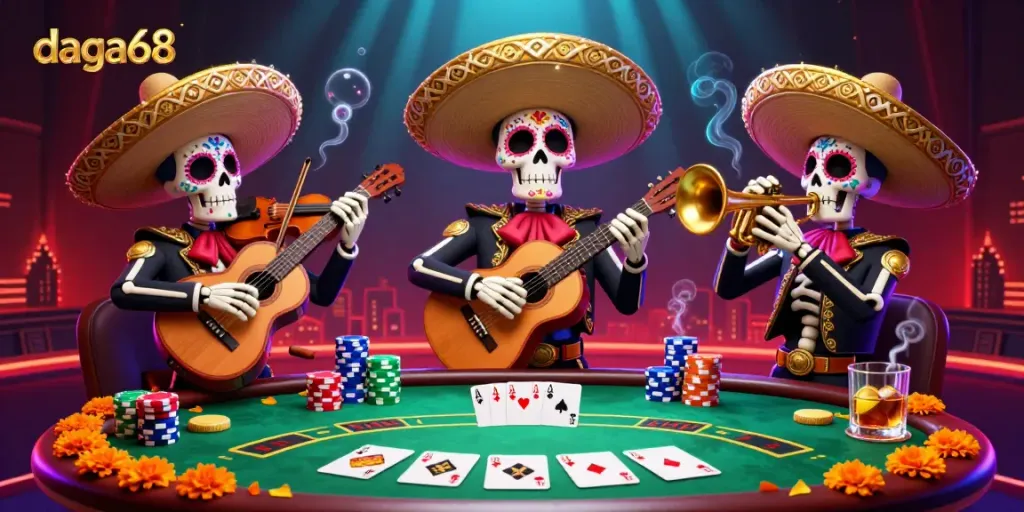 Experience the lively gaming action at daga68 with a vibrant skeleton mariachi band surrounded by poker chips and cards.