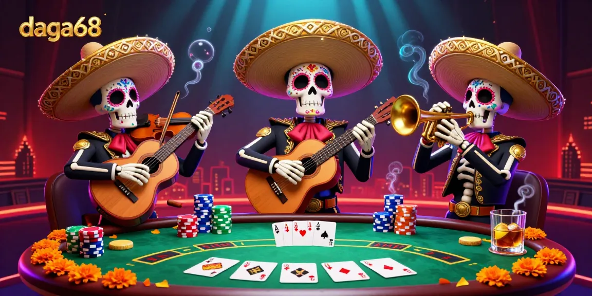 Experience the lively gaming action at daga68 with a vibrant skeleton mariachi band surrounded by poker chips and cards.