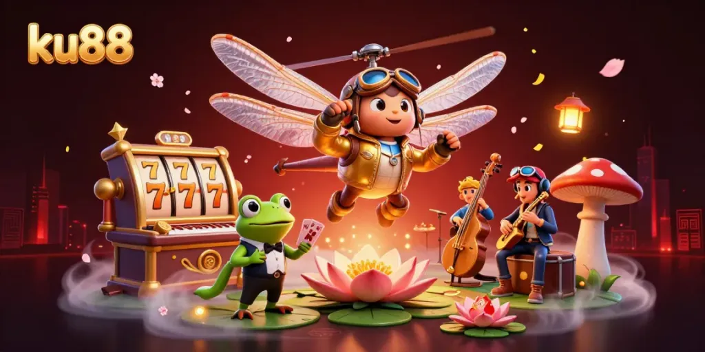 Experience thrilling gaming at ku88 with a vibrant 3D casino illustration highlighting dynamic characters and rich elements.