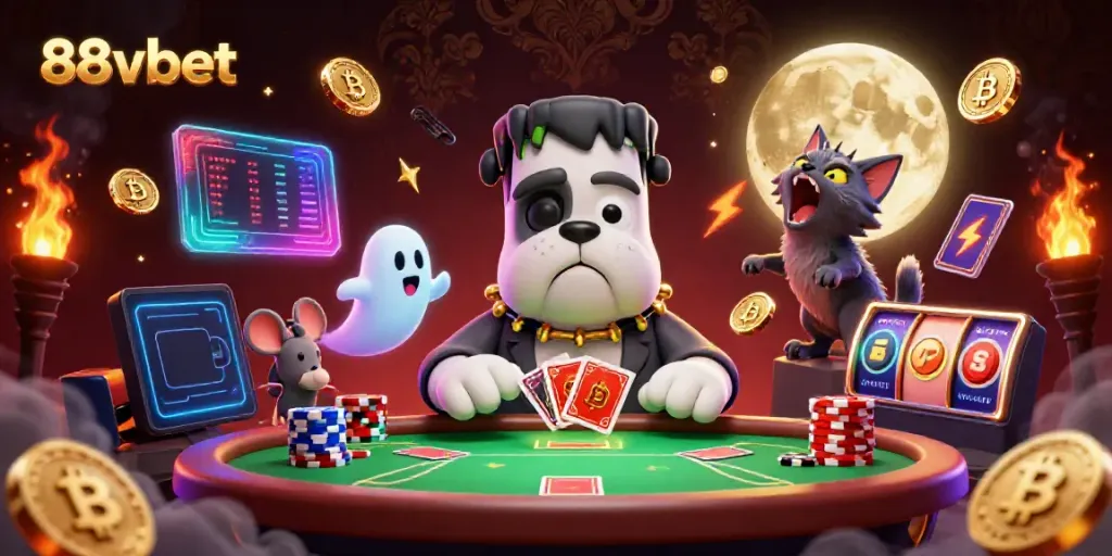 Experience thrilling poker action at 88vbet with a spooky dog dealer, crypto coins, and more!