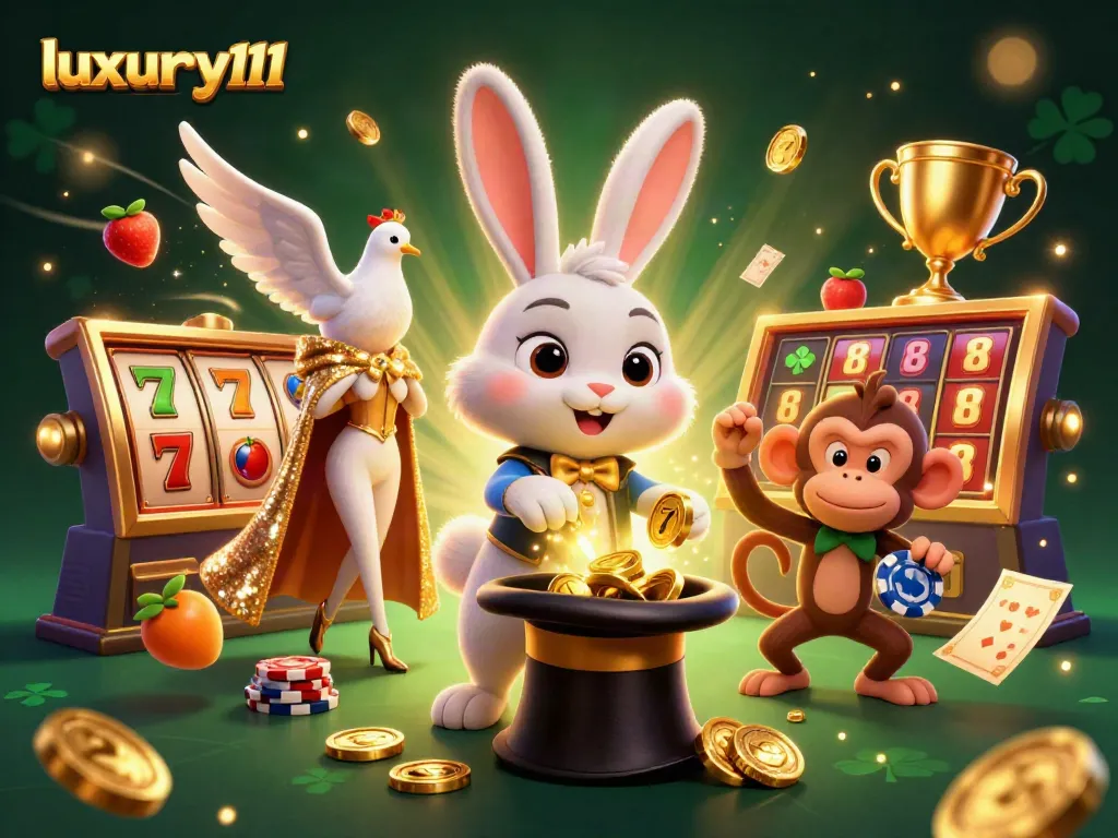 Engage in thrilling slots action with luxury111's captivating game scene full of gold coins and joyous characters.