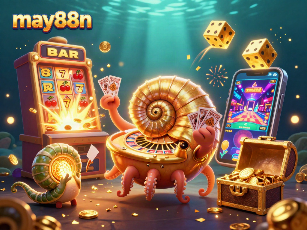 Experience the excitement of may88n with a dynamic casino scene featuring a golden nautilus roulette wheel and other vibrant gaming elements.