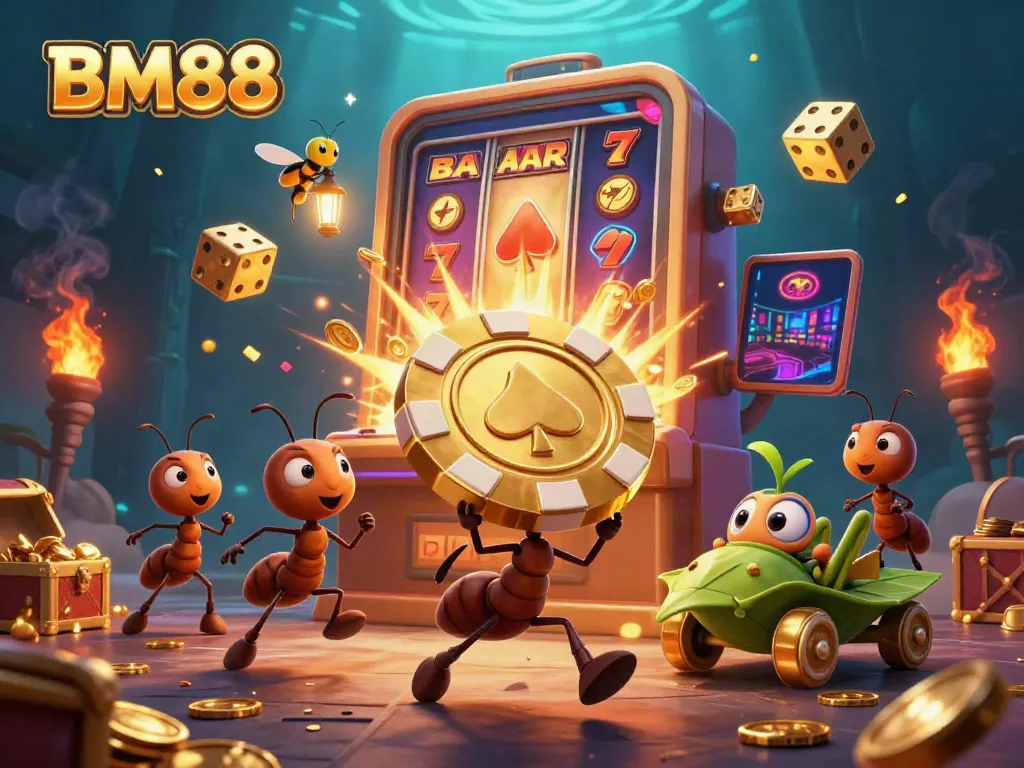 Engaging scene with BM88's ant team heist carrying a large poker chip, amidst casino-themed elements.