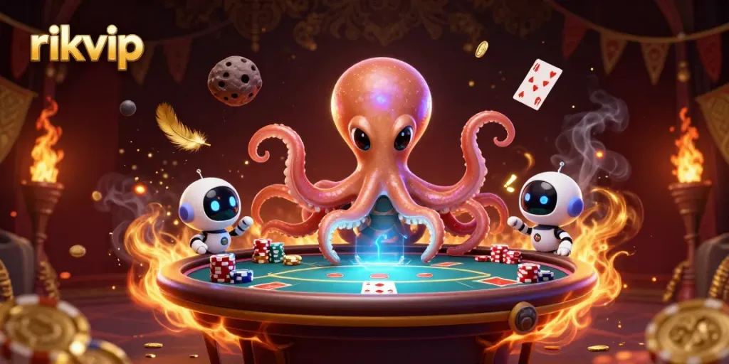 Experience thrilling wins at rikvip with a lively scene of an alien octopus and robot at a holographic poker table.