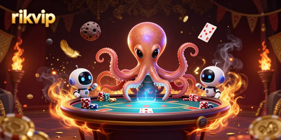 Experience thrilling wins at rikvip with a lively scene of an alien octopus and robot at a holographic poker table.