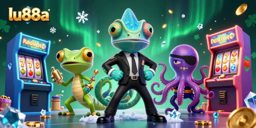 Spin to win with lu88a's vibrant 3D casino characters surrounded by colorful gaming elements.