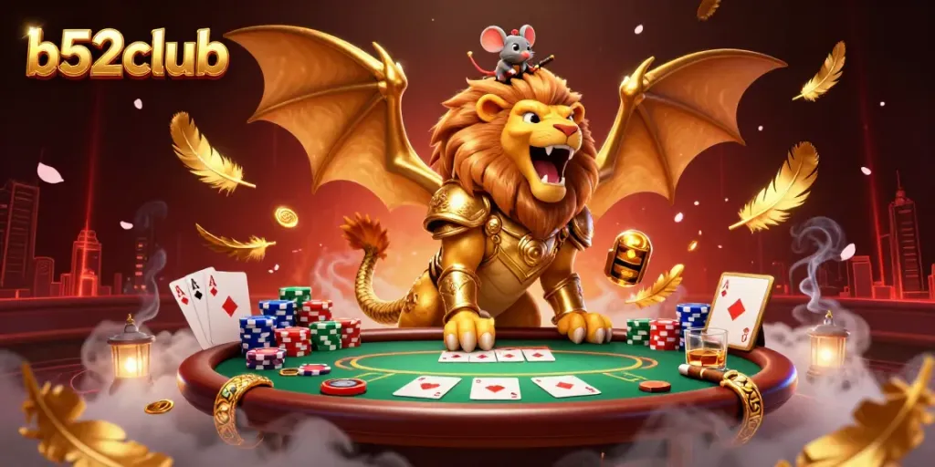 B52Club's colorful 3D chimera and mouse jockey celebrate at a dynamic poker table showcasing vibrant game elements.