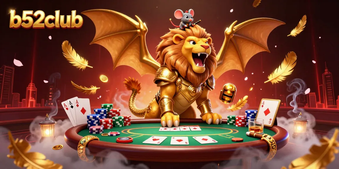B52Club's colorful 3D chimera and mouse jockey celebrate at a dynamic poker table showcasing vibrant game elements.