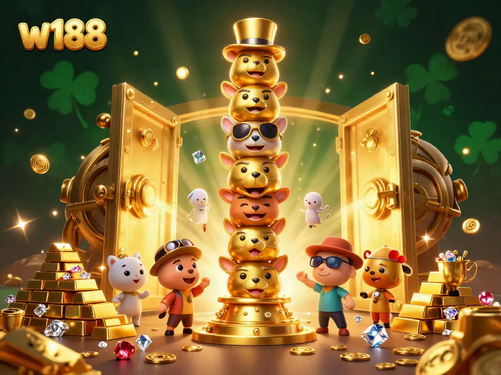 Engage with the vibrant world of w188 through an immersive casino scene alive with golden treasures and lively characters.