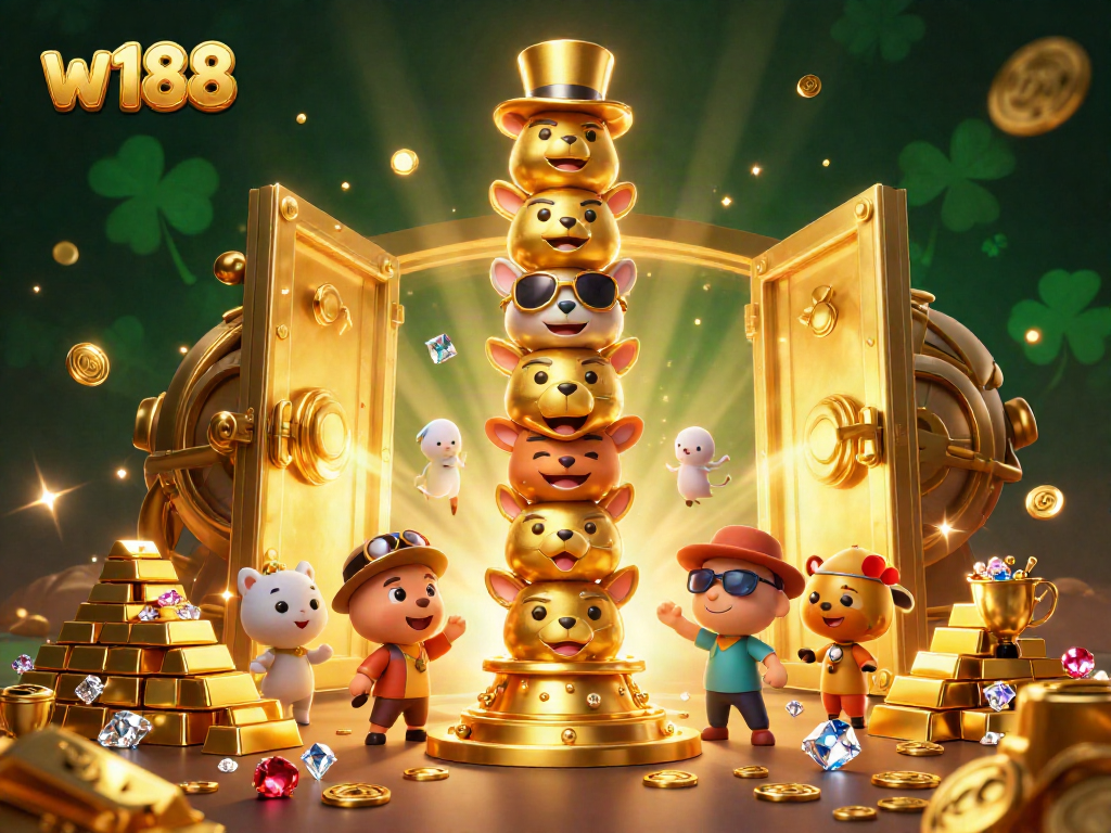 Engage with the vibrant world of w188 through an immersive casino scene alive with golden treasures and lively characters.