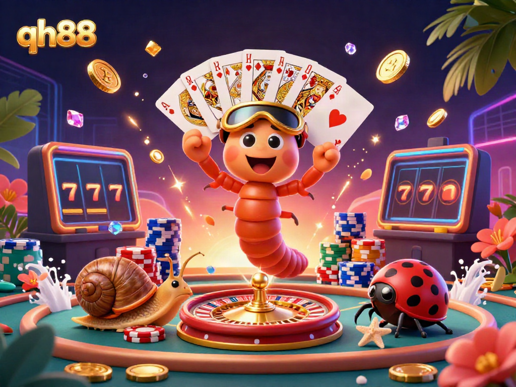 Experience the excitement of qh88 with a colorful live casino scene featuring a millipede dealer and high-roller snail.
