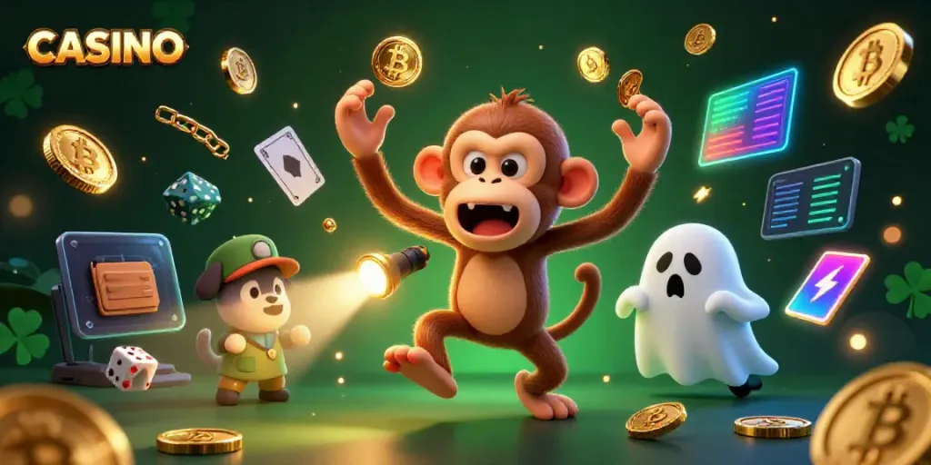 Catch the action at the CASINO with a poltergeist monkey and ghost-hunter puppy in a lively scene.