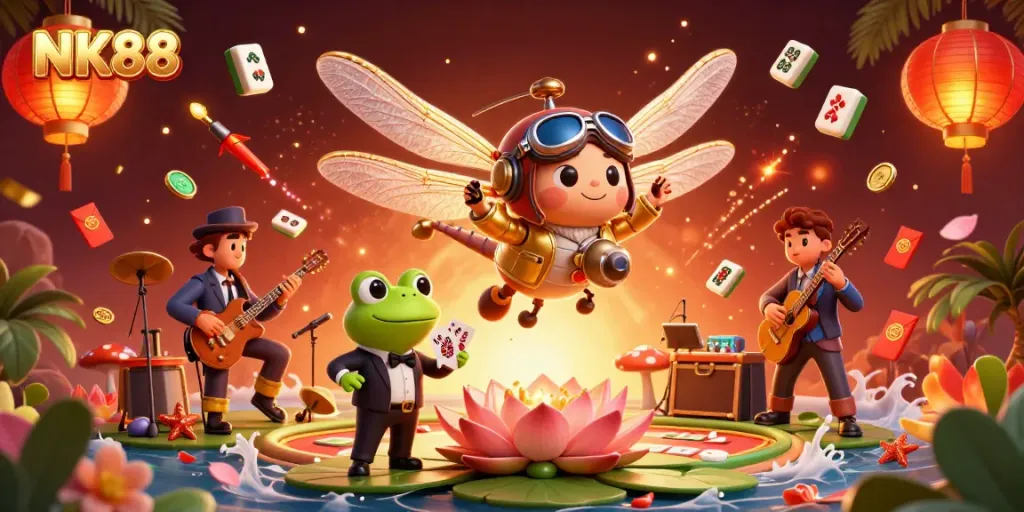 Experience the thrilling atmosphere of NK88 casino with a vibrant 3D illustration depicting entertainment and excitement.
