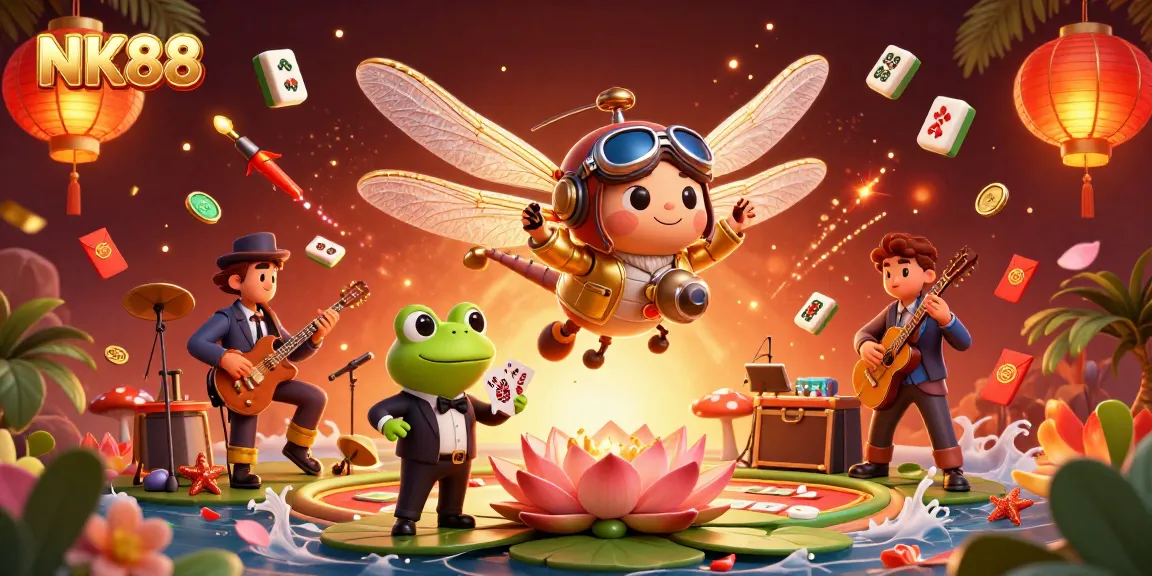 Experience the thrilling atmosphere of NK88 casino with a vibrant 3D illustration depicting entertainment and excitement.