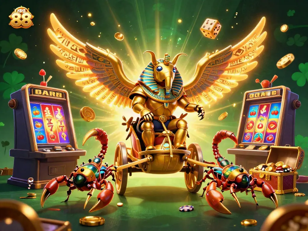 Experience thrilling jackpots with red 88 as the golden scarab beetle leads an energetic casino battle.
