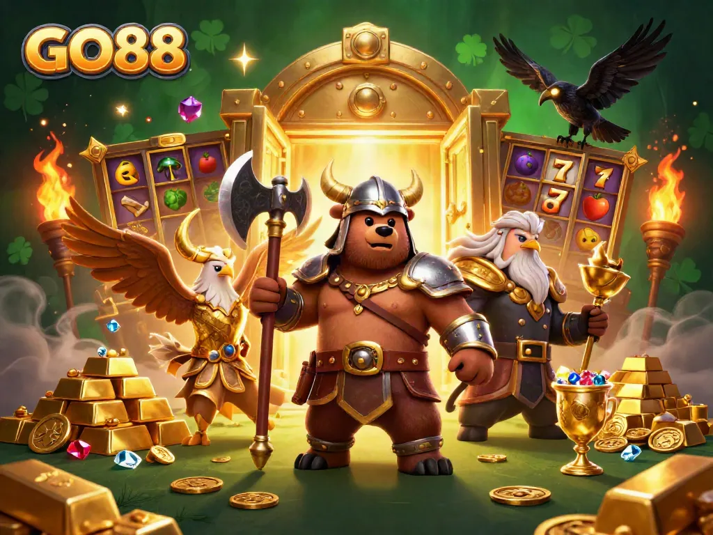 Experience the excitement at GO88 with dynamic slot reels, gold treasures, and mythical characters in this casino-themed illustration.