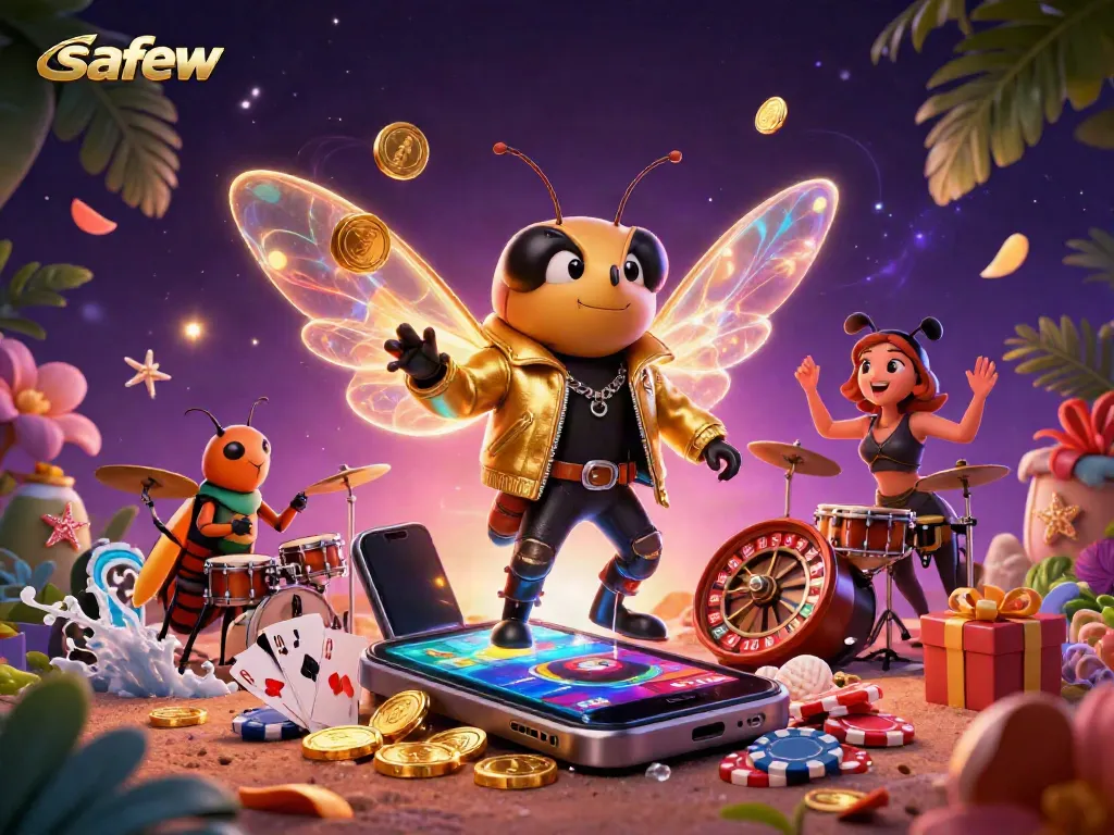 Engage in thrilling casino excitement with Safew as colorful slot machines spin amidst a vibrant rock star scene.