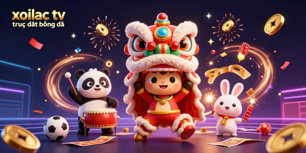 Xoilac tv trực tiếp bóng đá showcases a vibrant 3D sports betting scene celebrating with animated characters and joyful elements.