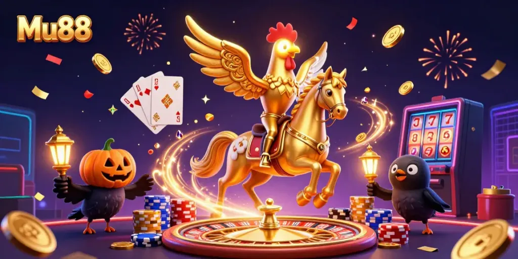 Experience the vibrant world of Mu88 with a golden rooster and friends in a bustling casino scene.