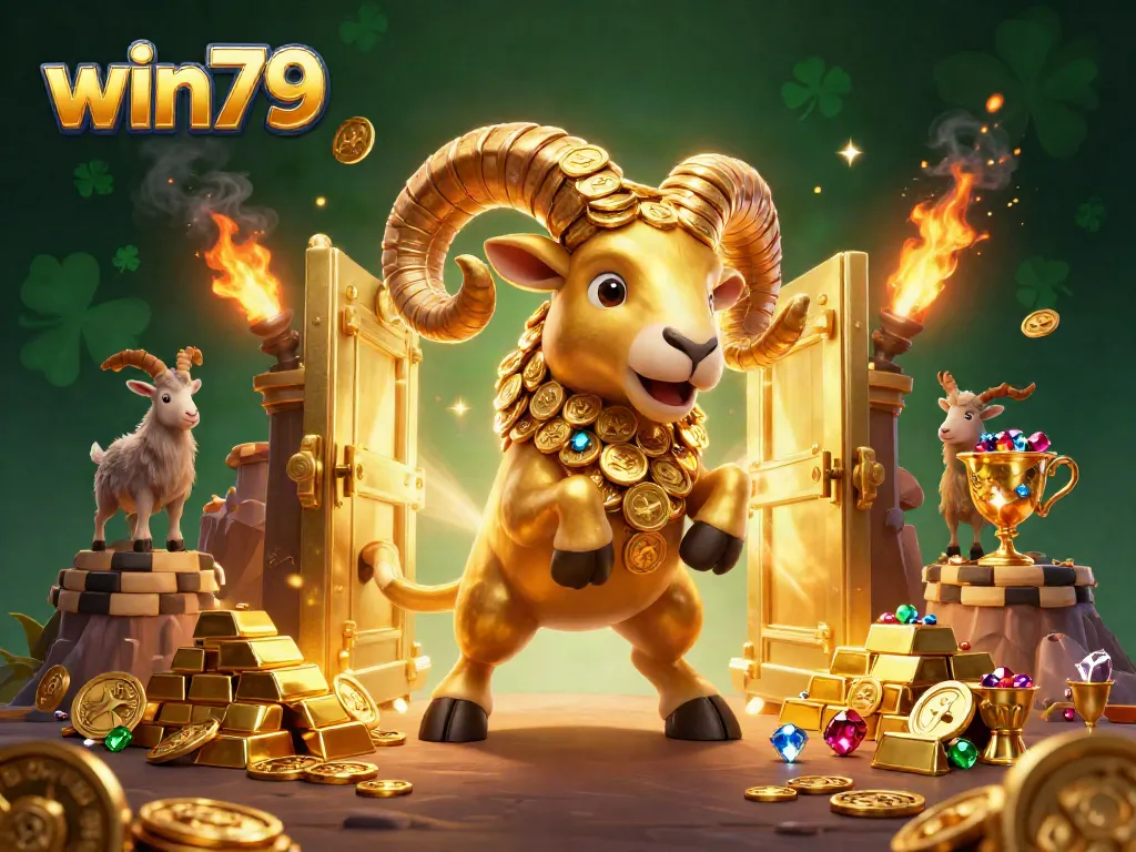Engage in the thrilling world of win79 with a golden ram and gems in a vibrant casino scene.
