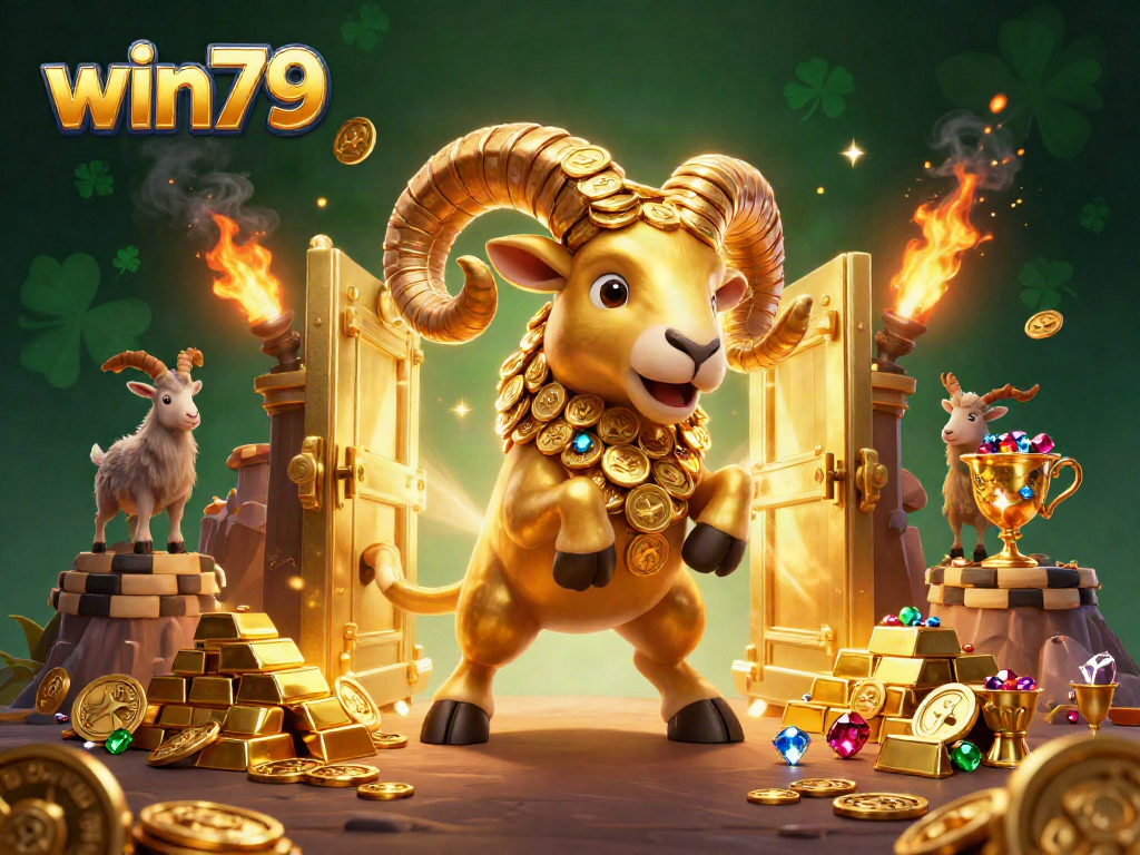 Engage in the thrilling world of win79 with a golden ram and gems in a vibrant casino scene.
