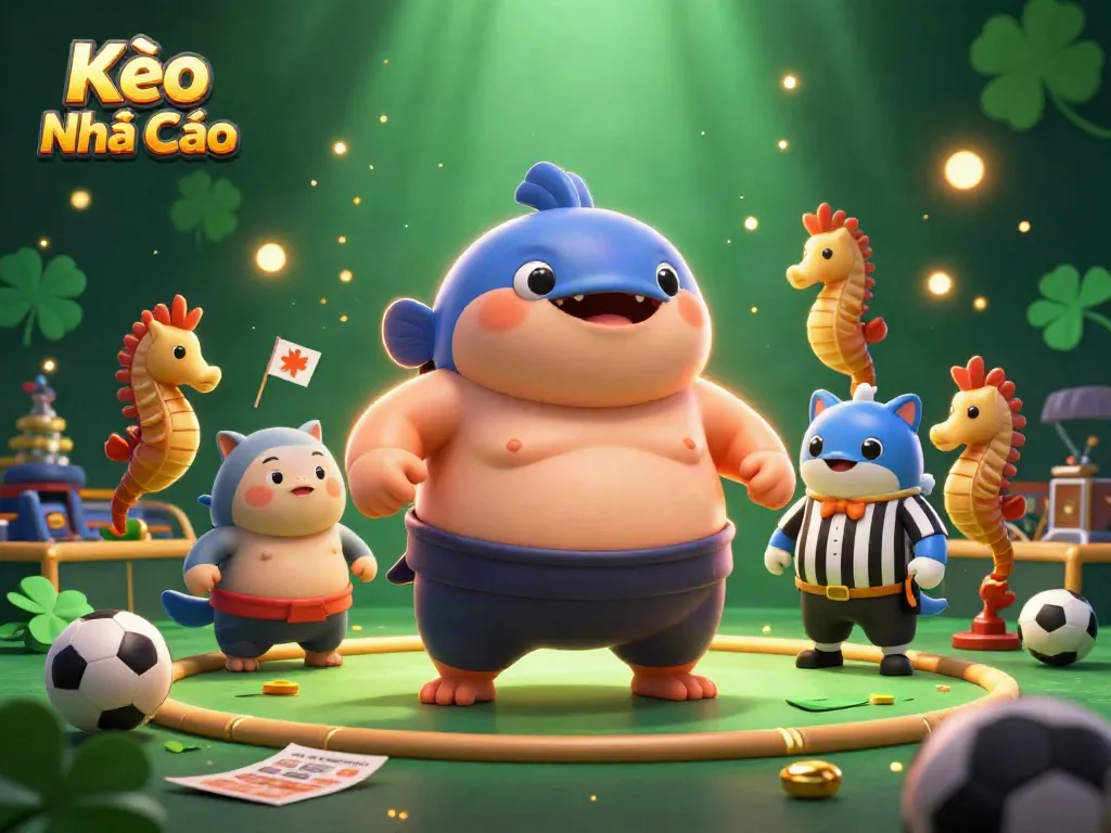 Engage with Kèo Nhà Cái in this vibrant sports betting scene featuring dynamic elements and lively characters.