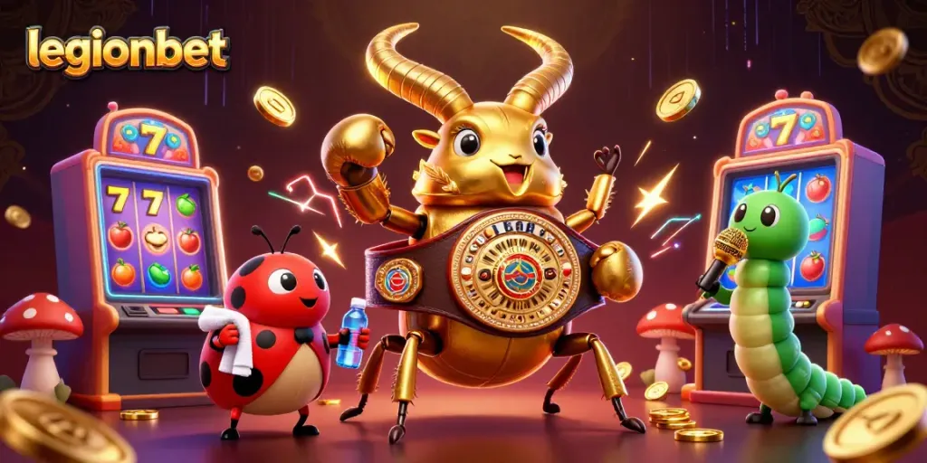 Legionbet’s exciting visual featuring a giant golden stag beetle and gaming elements creating a thrilling atmosphere.
