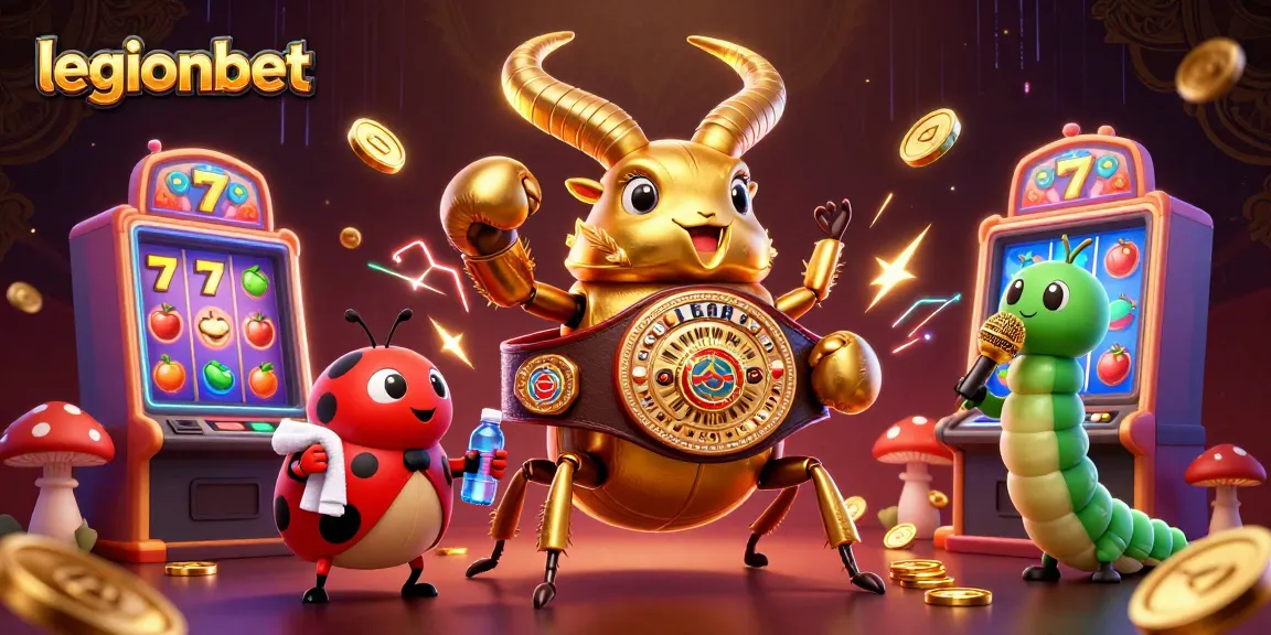 Legionbet’s exciting visual featuring a giant golden stag beetle and gaming elements creating a thrilling atmosphere.