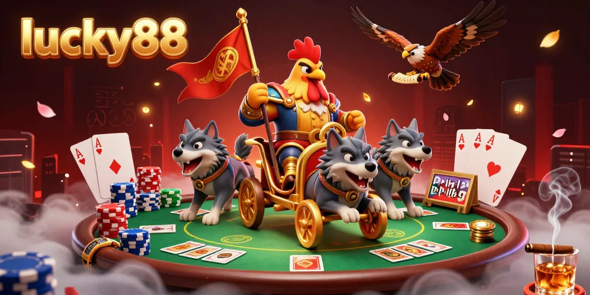 Experience the thrilling adventure of lucky88 with a battle-worn rooster, poker elements, and an enchanting backdrop.