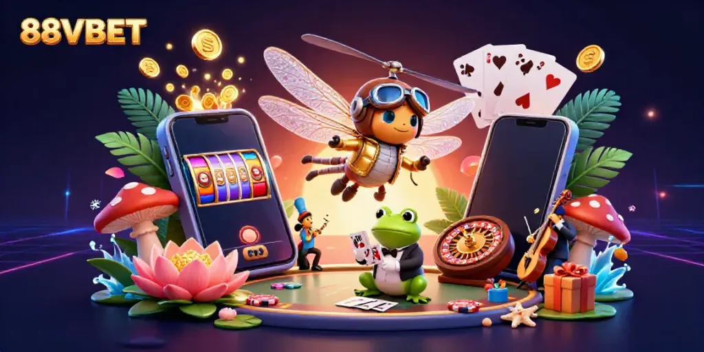 Experience the vibrant gaming world of 88VBET with a dragonfly pilot and frog croupier in a dazzling casino scene.