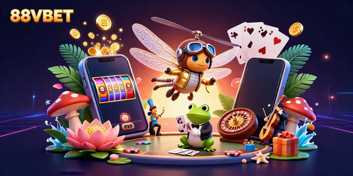 Experience the vibrant gaming world of 88VBET with a dragonfly pilot and frog croupier in a dazzling casino scene.
