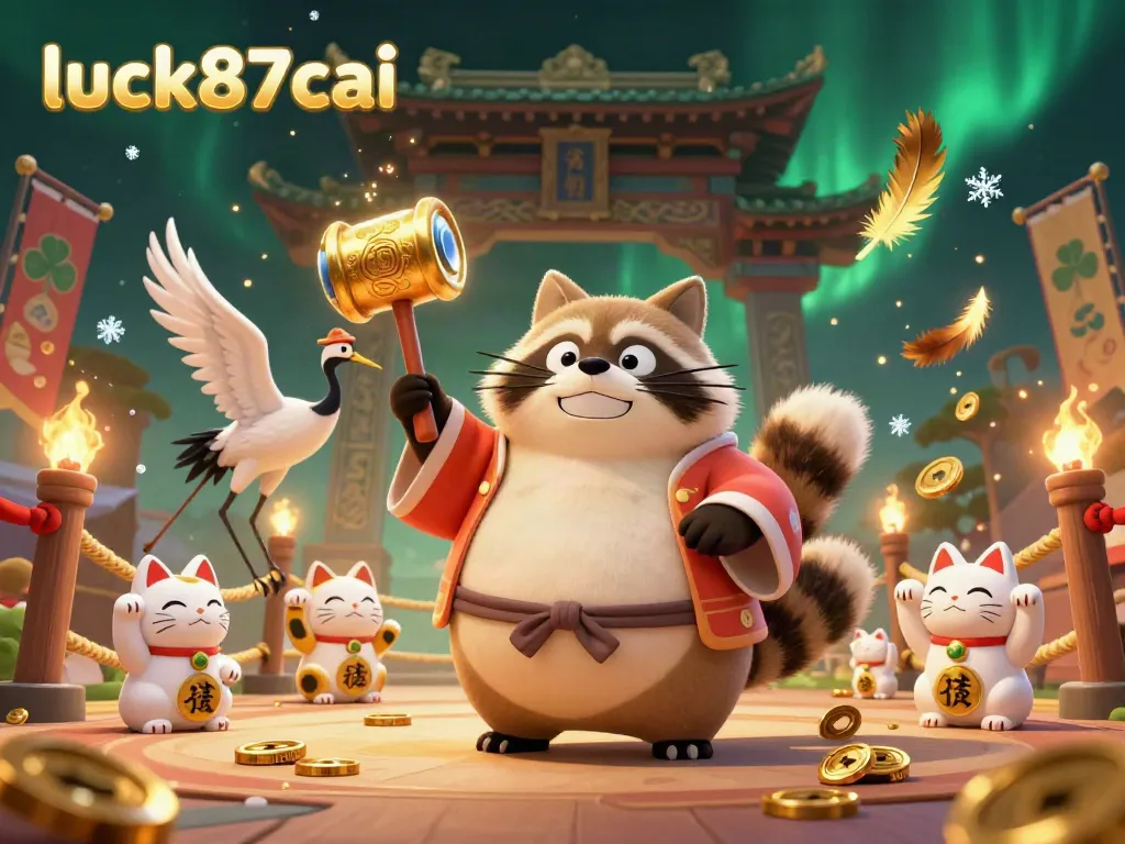 Engage with the vibrant luck87cai casino scene featuring a cheerful tanuki and lucky symbols.