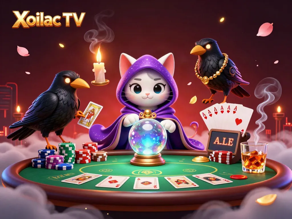 Experience high-stakes action with Xoilac TV's vibrant 3D illustration of casino elements and characters.