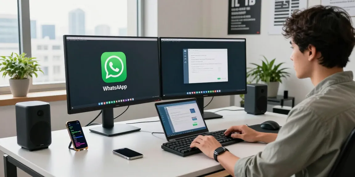 Developer using WhatsApp電腦版 on multiple screens in a modern tech workspace.