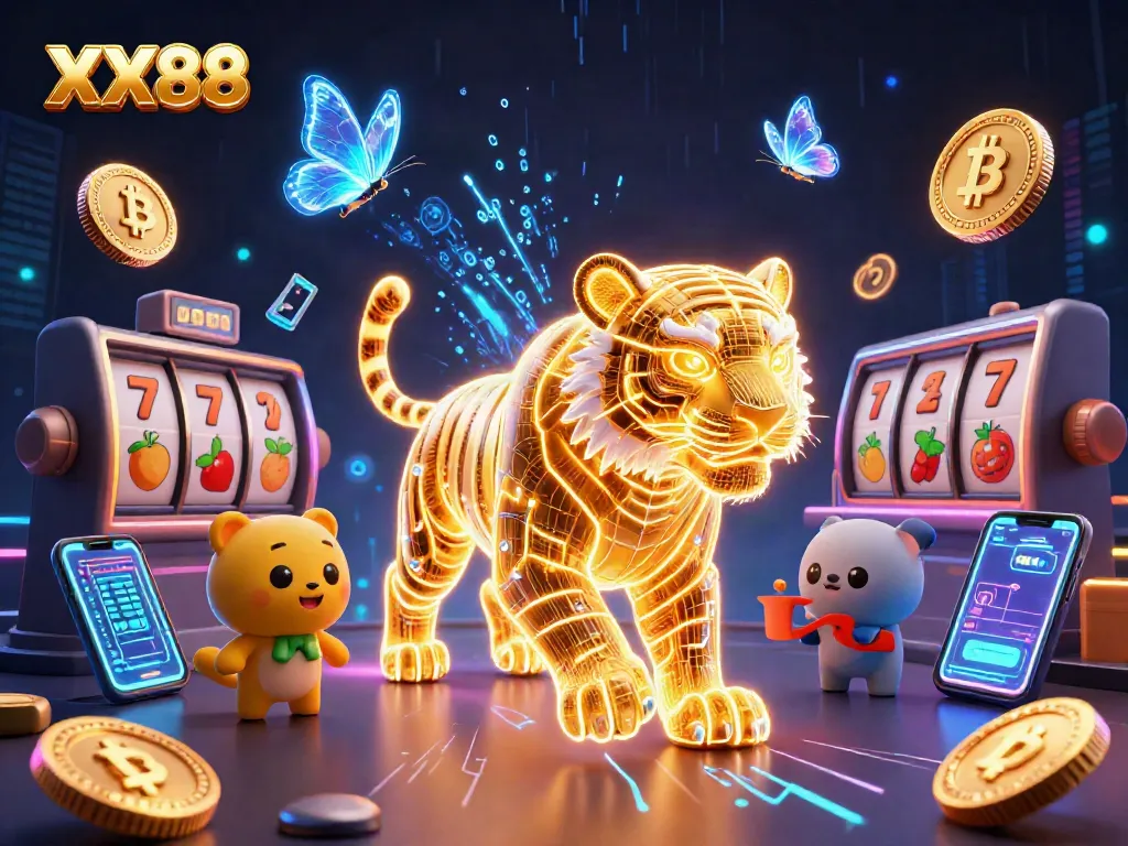 Experience thrilling wins at XX88 with a neon-lit digital casino visual showcasing captivating games.