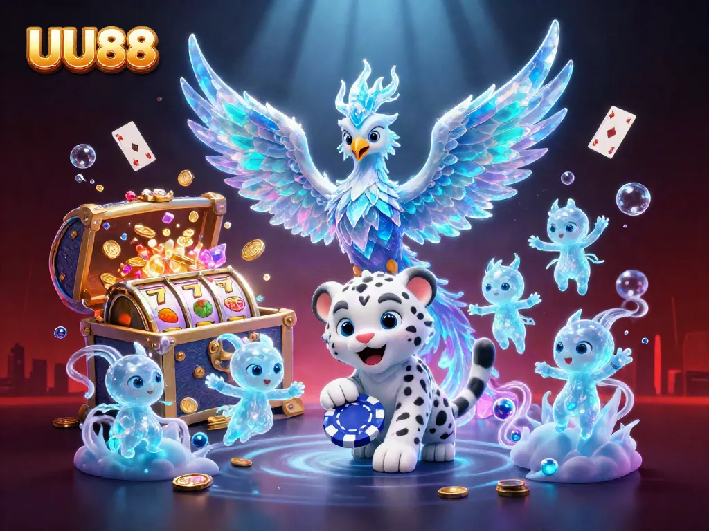 Engage with the thrilling world of UU88, featuring an ice phoenix, treasure, and vibrant slot reels