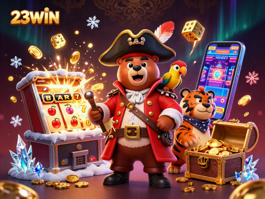 Experience exciting 23WIN adventures with our 3D pirate casino illustration featuring vibrant characters.