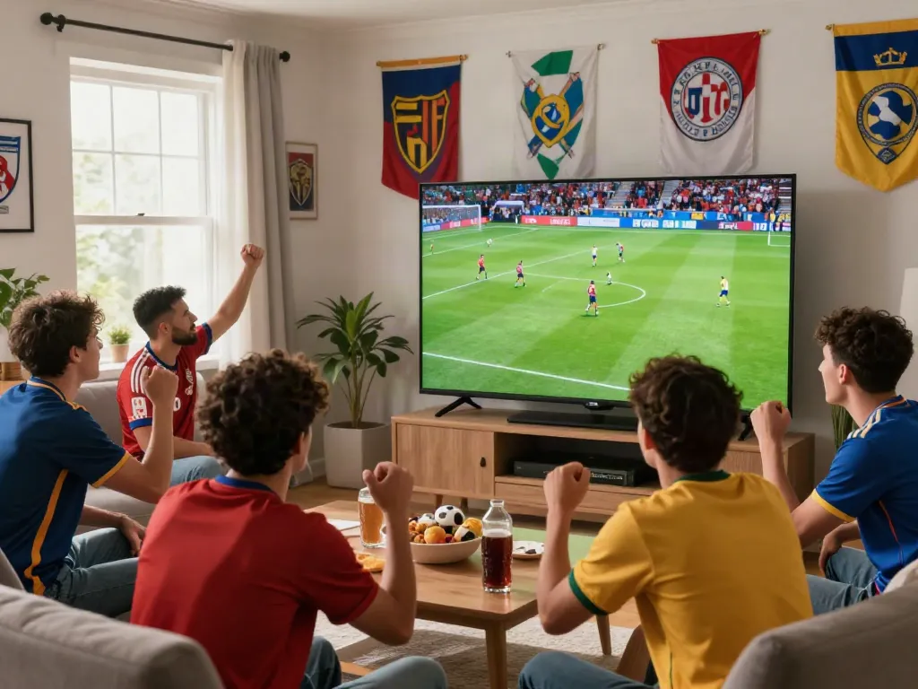 Thapcamtv fans enjoying a live soccer match with snacks and jerseys.