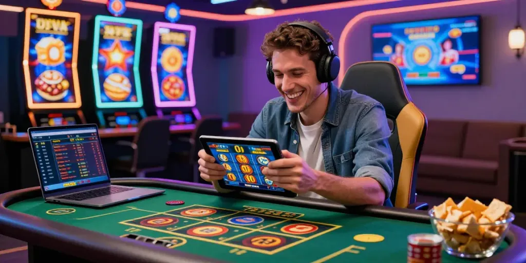 Player enjoying an exciting gaming experience at a credit card casino on a tablet in a bright home setting.