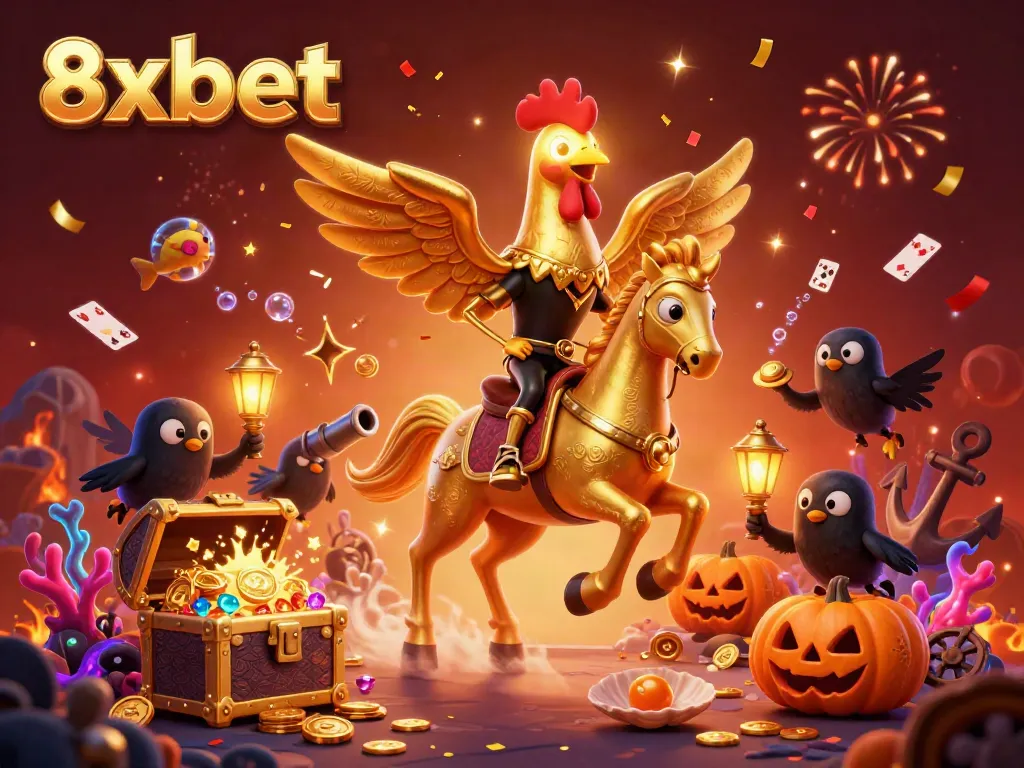 Experience the vibrant casino adventure with 8xbet as characters celebrate amidst falling confetti and glowing treasures.