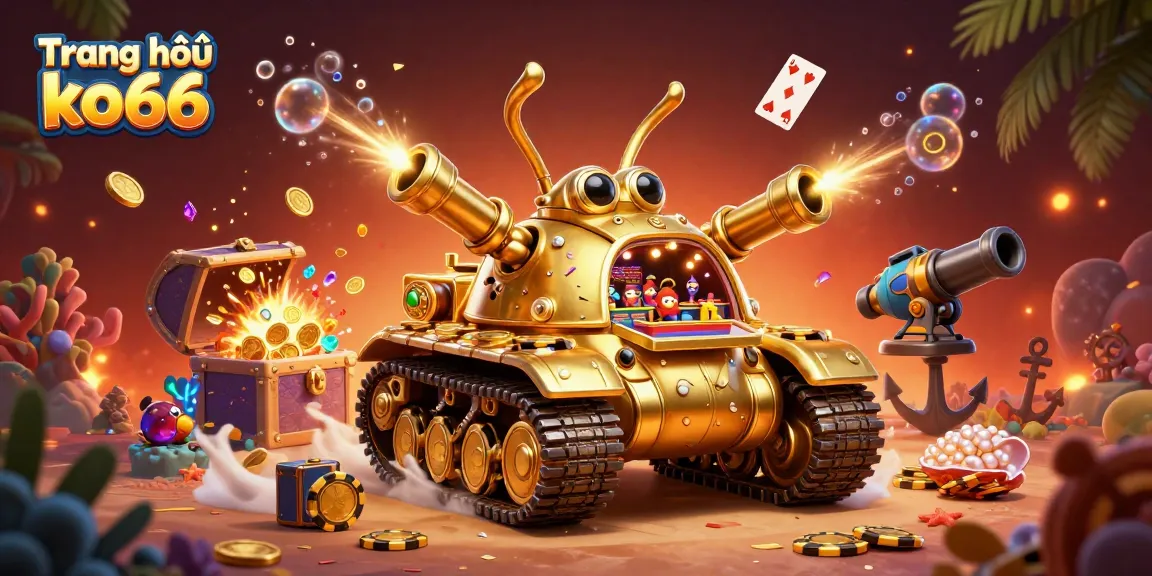 Experience the excitement of Trang chủ ko66 with a vibrant 3D casino scene featuring a gold beetle tank and treasure.