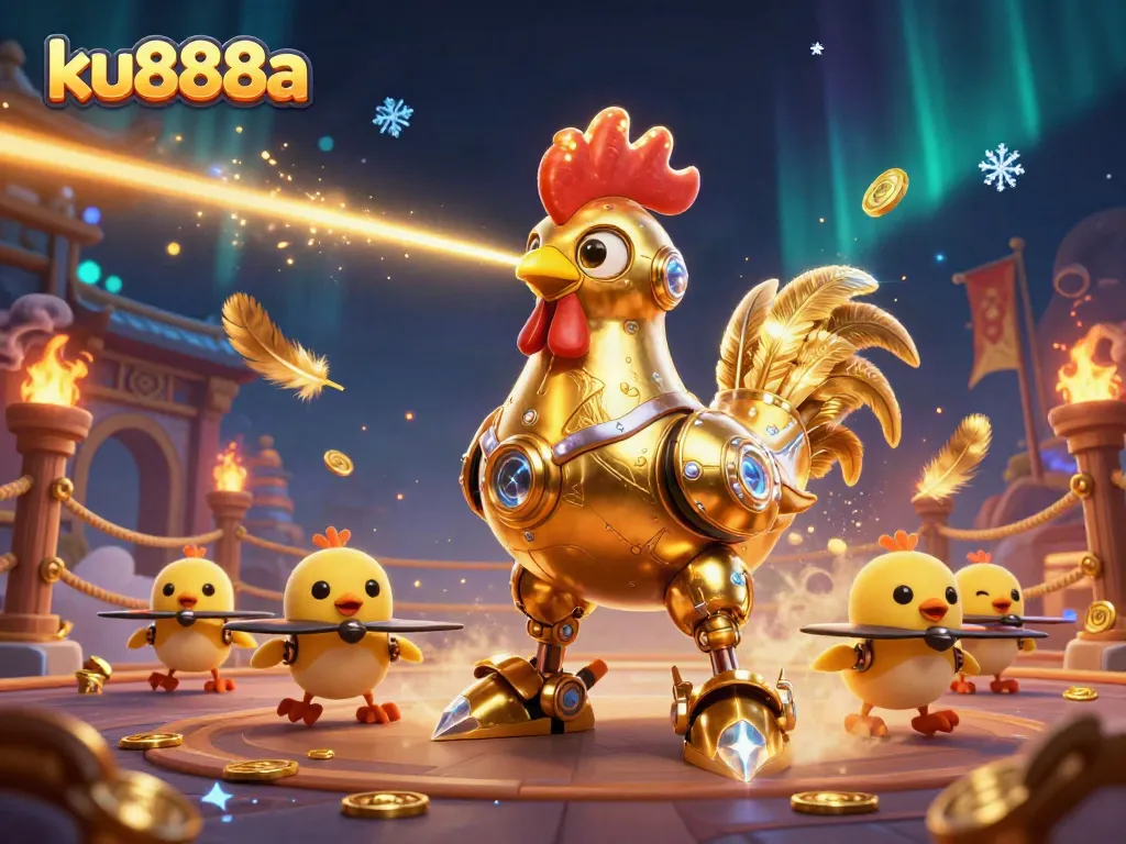 Engage in thrilling action at ku888a with a vibrant scene featuring a golden rooster robot and baby chick drones.