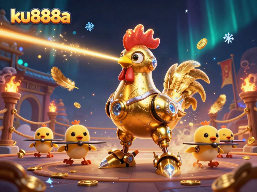 Engage in thrilling action at ku888a with a vibrant scene featuring a golden rooster robot and baby chick drones.
