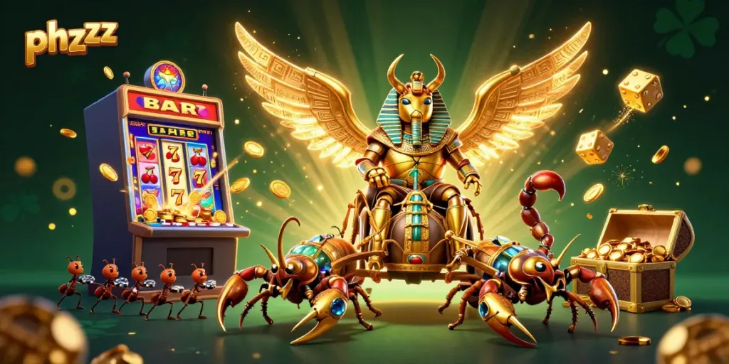 Engage with phzzz in an energetic casino scene featuring a pharaoh, scorpions, and slot machines.