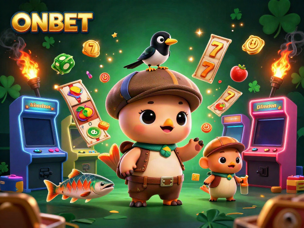 Experience ONBET with a vibrant casino scene featuring baby Nessie, a magpie, and slot reels.