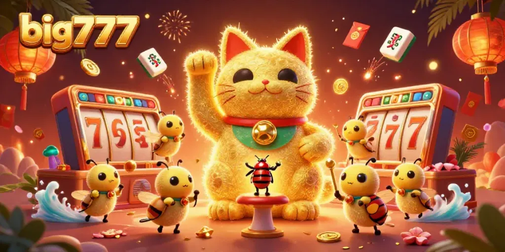 Experience the excitement of big777 with a dynamic scene featuring a giant lucky cat made of golden fireflies.